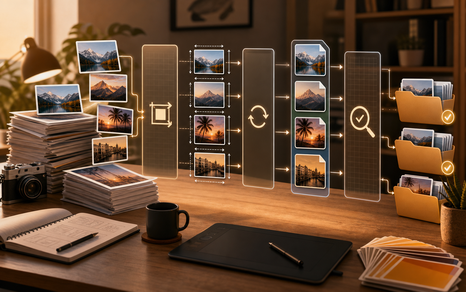 Illustration of batch image conversion and quality review workflow