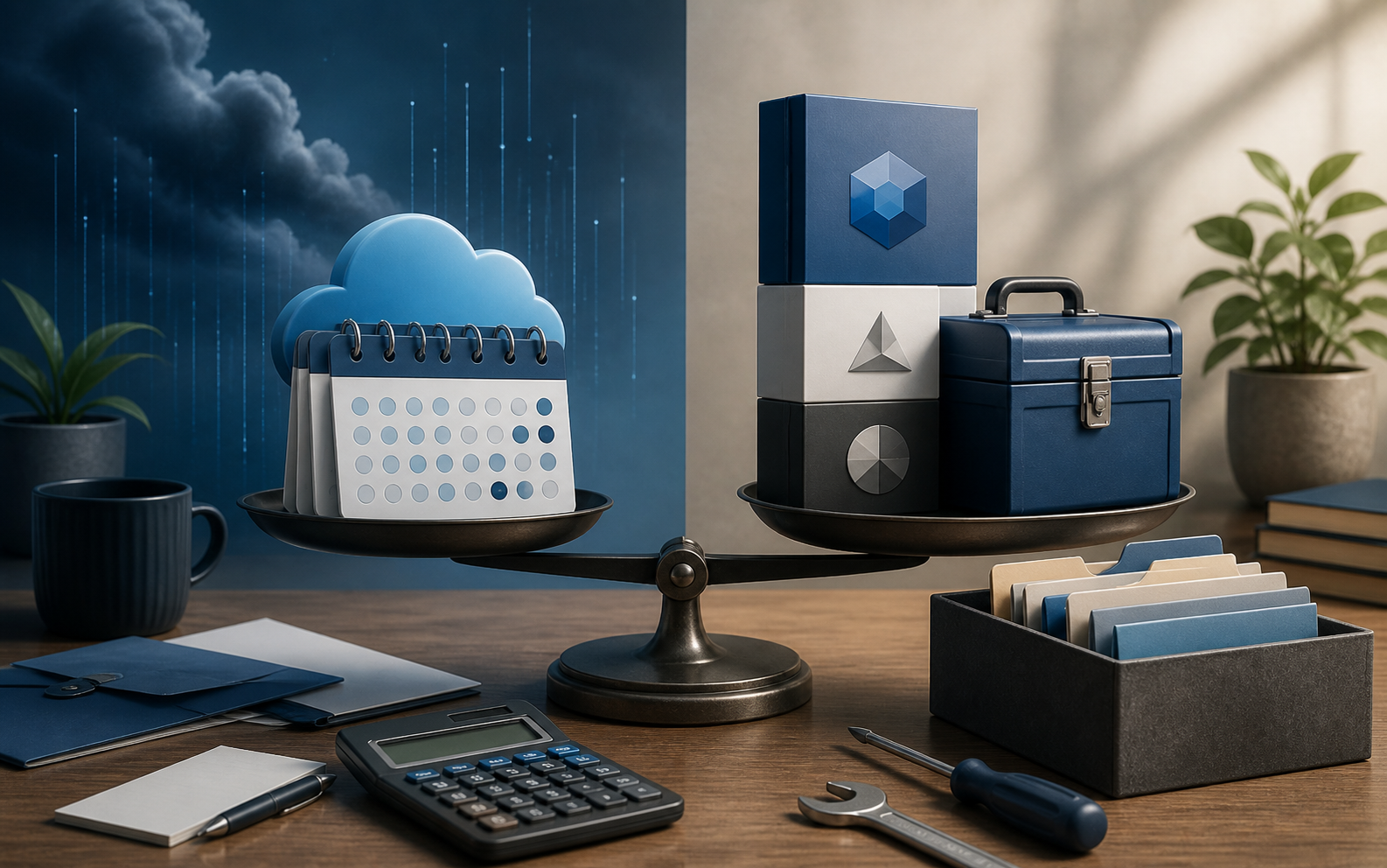 Illustration comparing recurring software subscriptions and one-time file tools