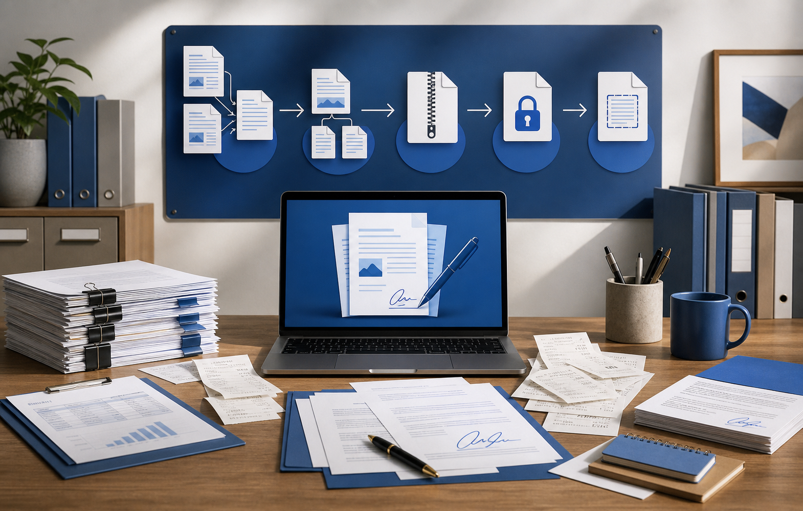 Illustration of small business PDF workflow with merge split protect and OCR steps