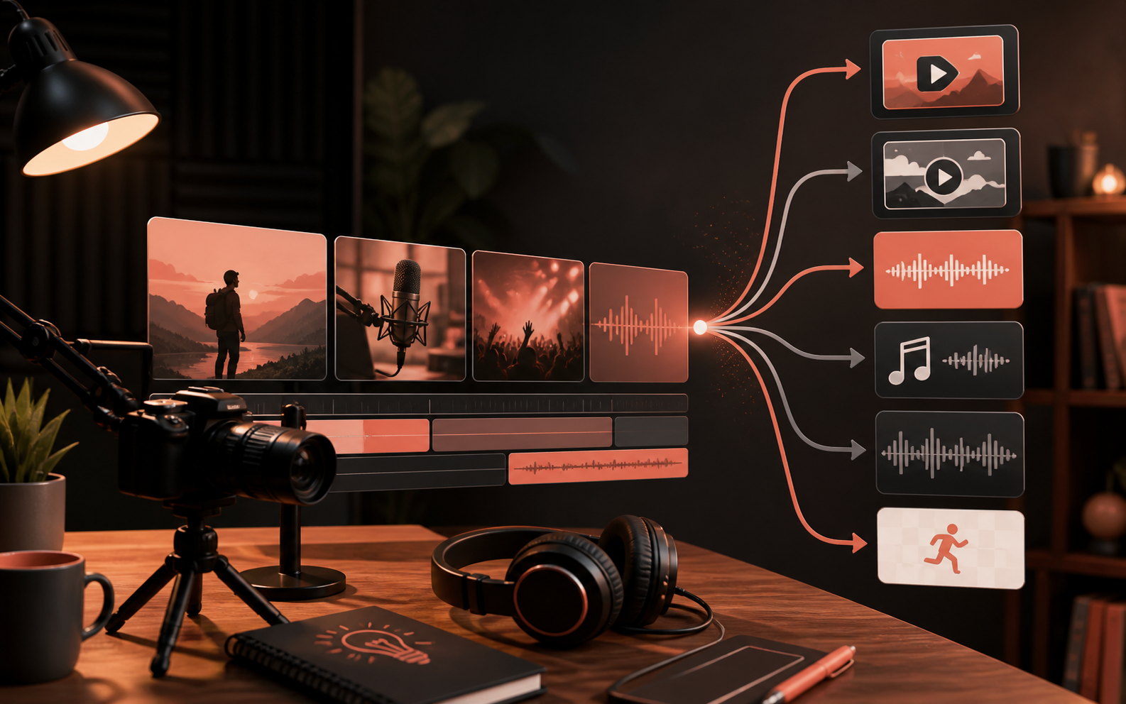 Illustration of creator media exports across video and audio formats